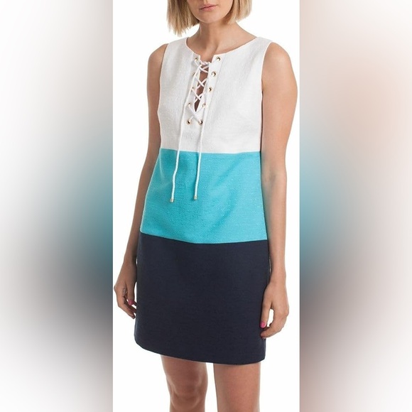 NWT Trina Turk Miss Brady Colorblock Lace-Up Dress White Blue Sz 6 - Picture 1 of 11